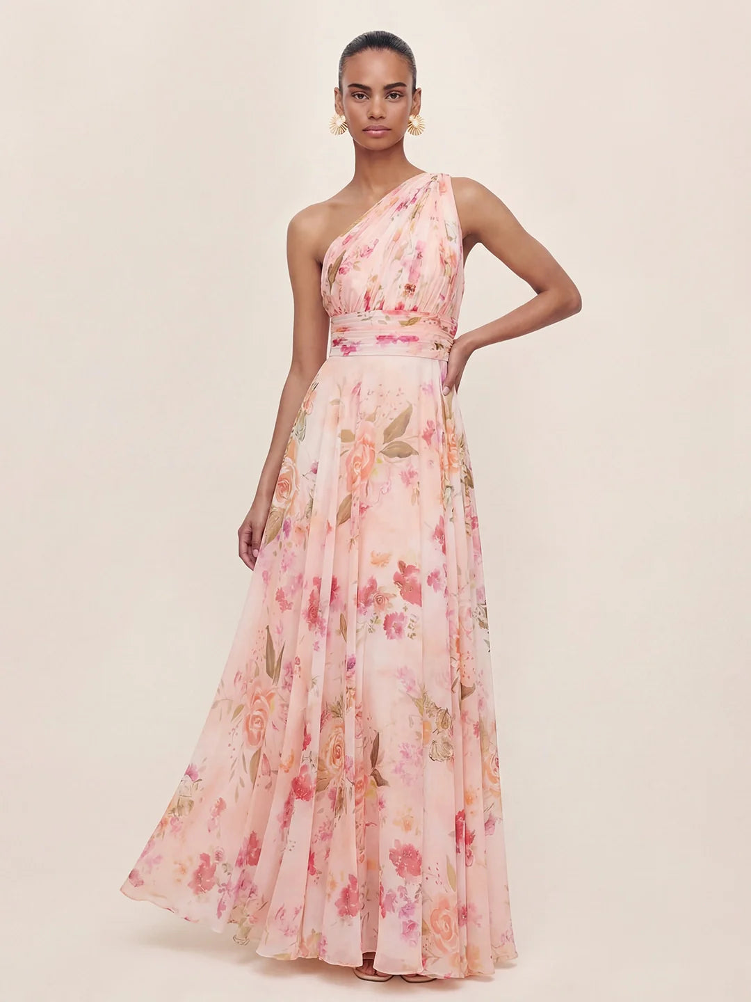 Bouquet Floral A-Line One Shoulder Chiffon Dress
