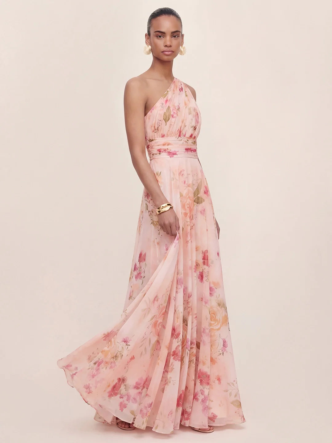 Bouquet Floral A-Line One Shoulder Chiffon Dress