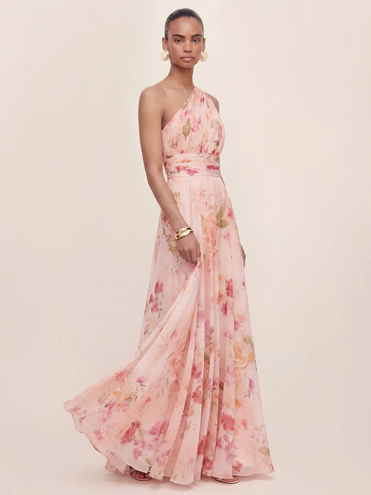 Bouquet Floral A-Line One Shoulder Chiffon Dress