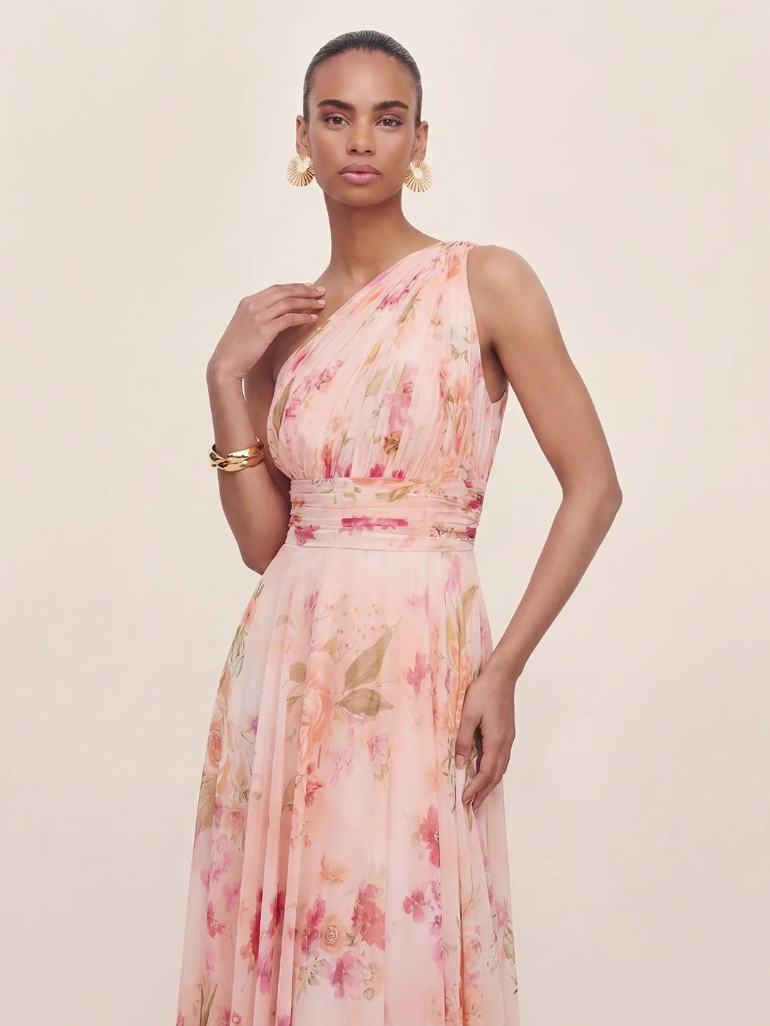 Bouquet Floral A-Line One Shoulder Chiffon Dress