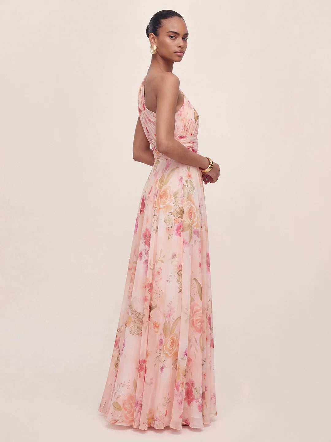 Bouquet Floral A-Line One Shoulder Chiffon Dress