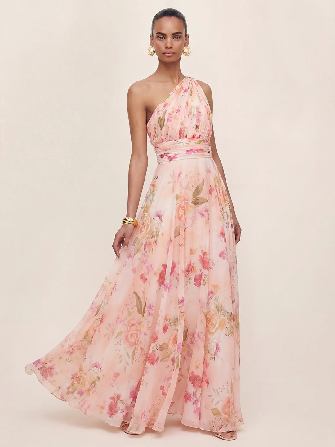 Bouquet Floral A-Line One Shoulder Chiffon Dress