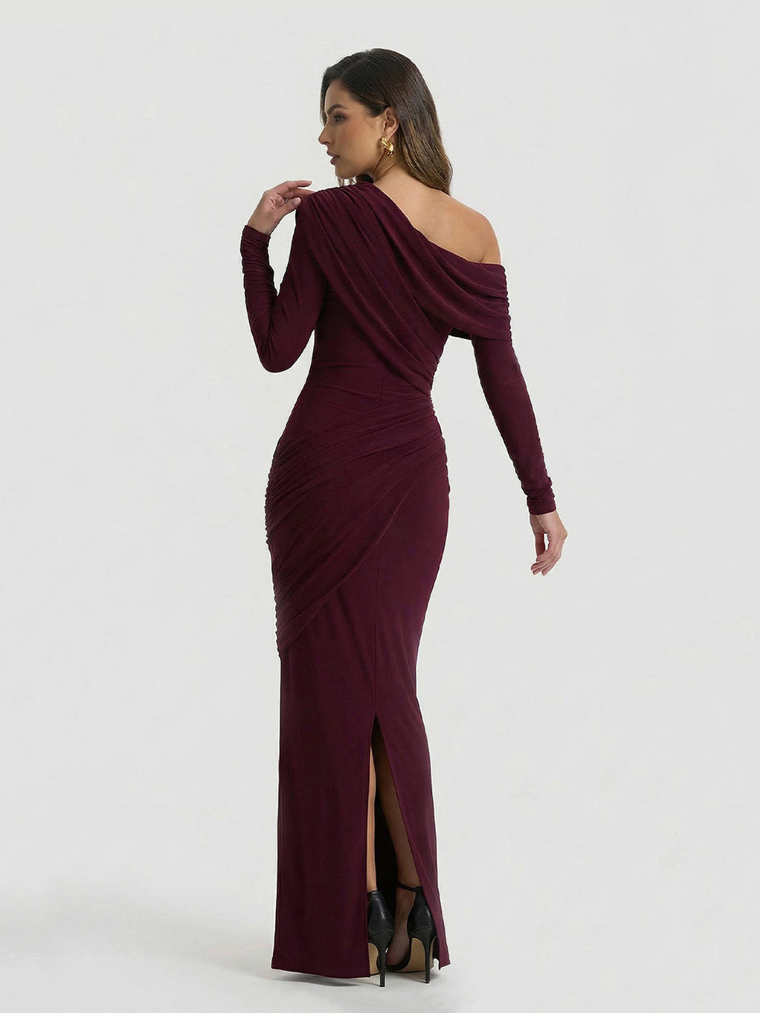 Asymmetric-Neck Maxi Dress With Ruched Detailin
