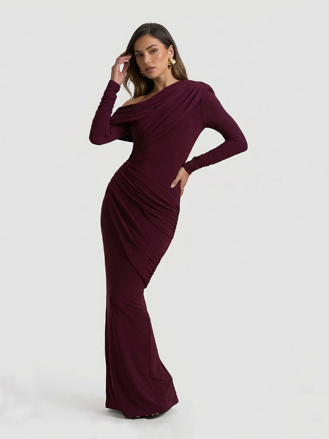 Asymmetric-Neck Maxi Dress With Ruched Detailin