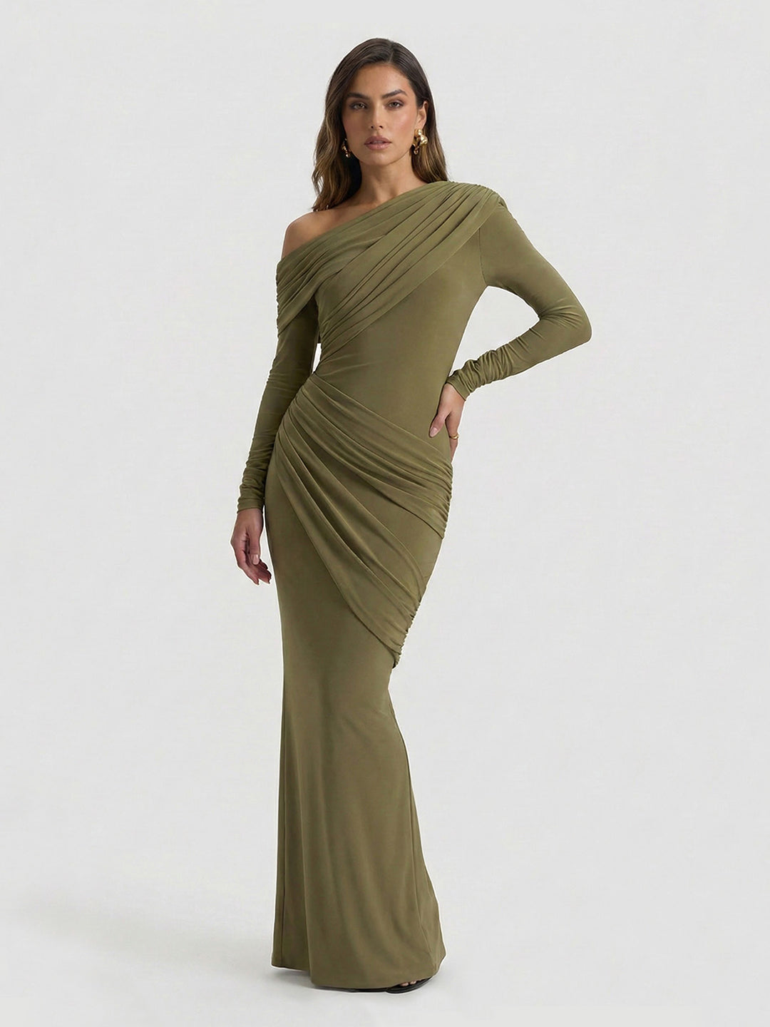 Asymmetric-Neck Maxi Dress With Ruched Detailin