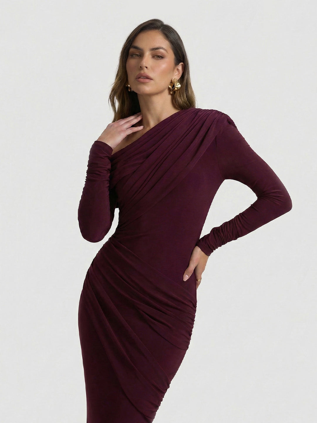 Asymmetric-Neck Maxi Dress With Ruched Detailin