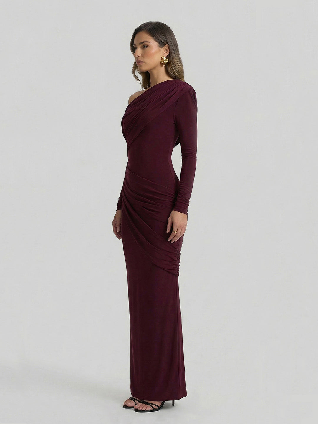 Asymmetric-Neck Maxi Dress With Ruched Detailin