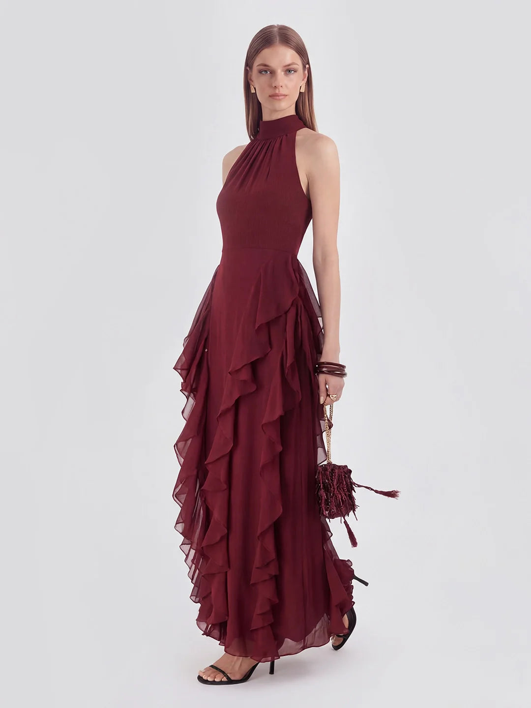 Cascade-Ruffle Halter Gown with Tie-Bow Detail