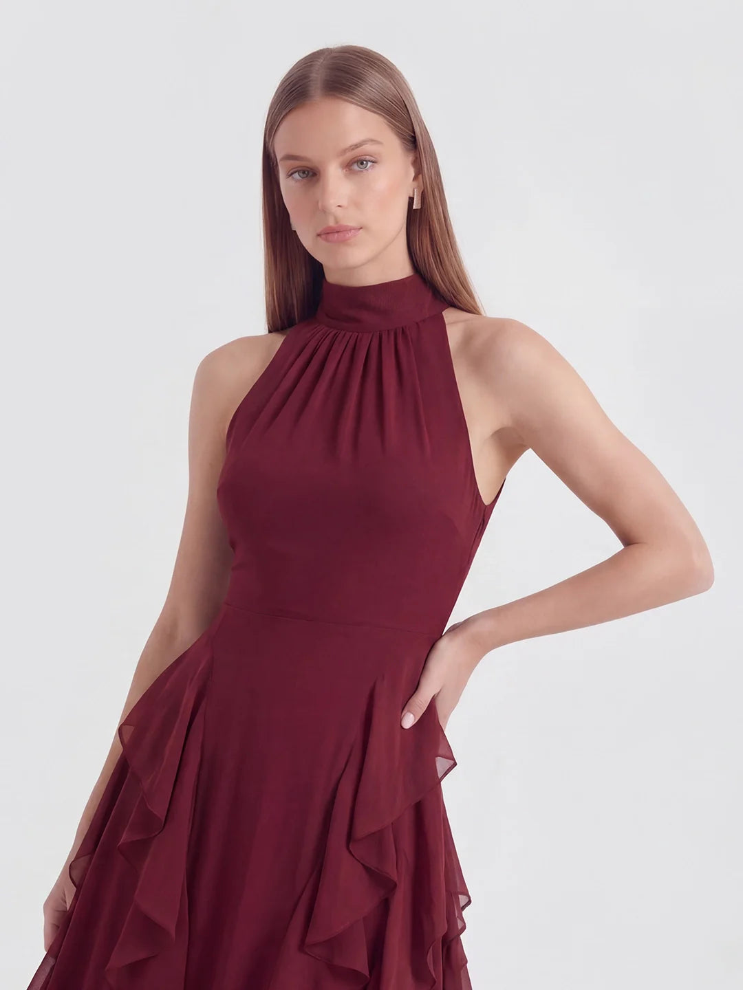 Cascade-Ruffle Halter Gown with Tie-Bow Detail
