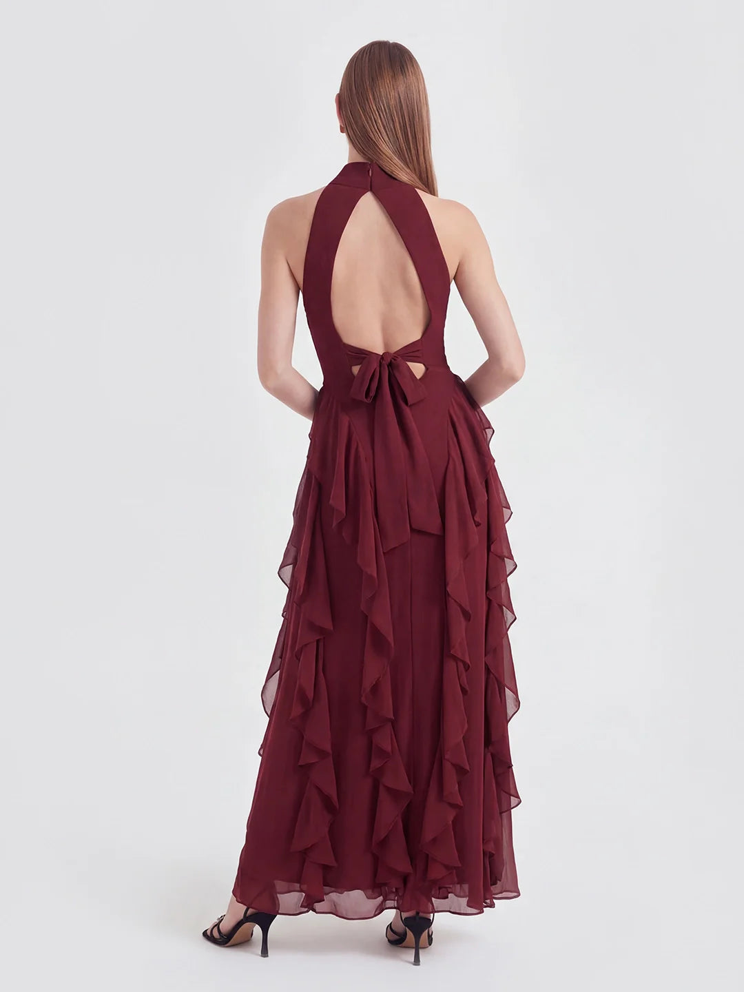 Cascade-Ruffle Halter Gown with Tie-Bow Detail
