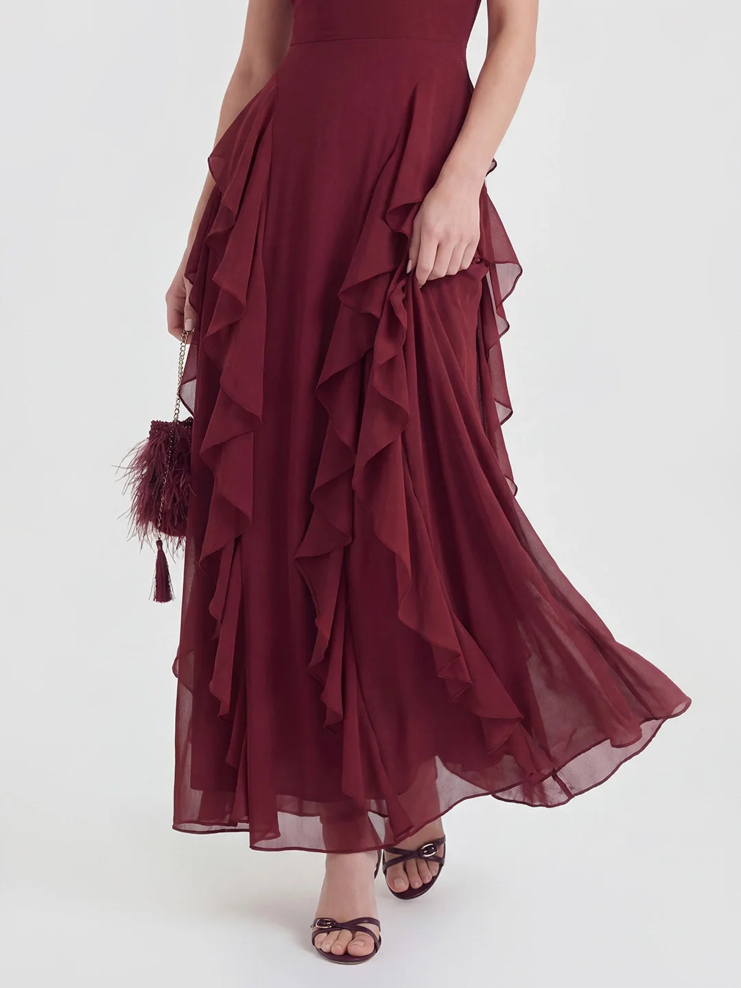 Cascade-Ruffle Halter Gown with Tie-Bow Detail