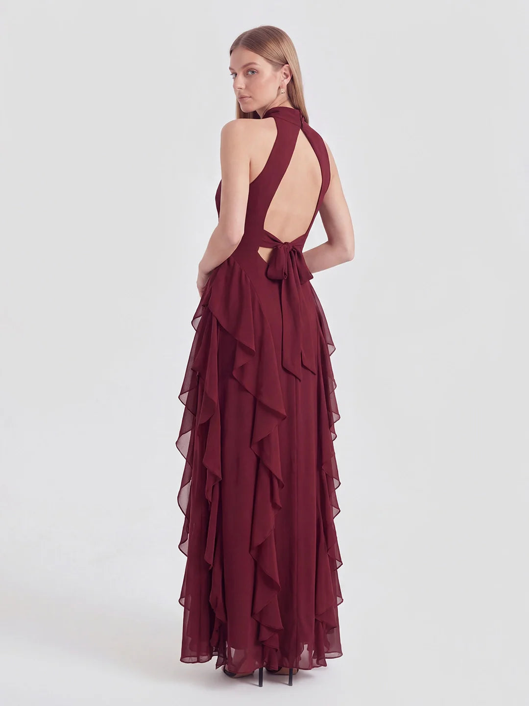 Cascade-Ruffle Halter Gown with Tie-Bow Detail