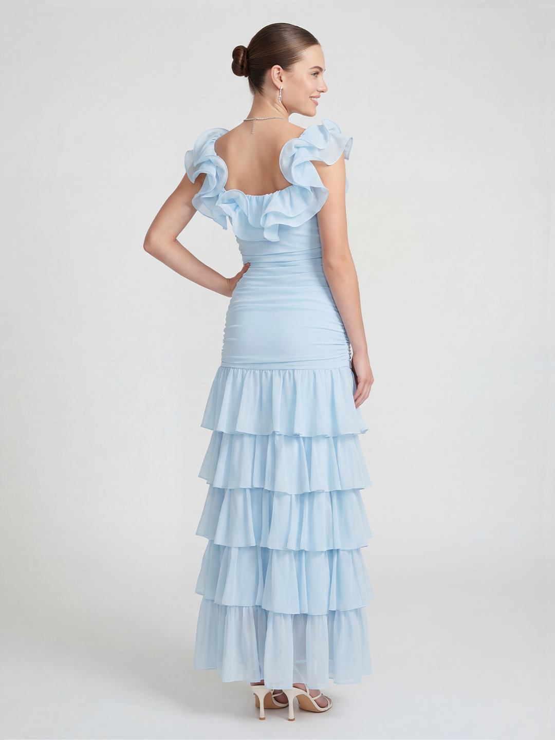 Chiffon pleated ruffle maxi dress
