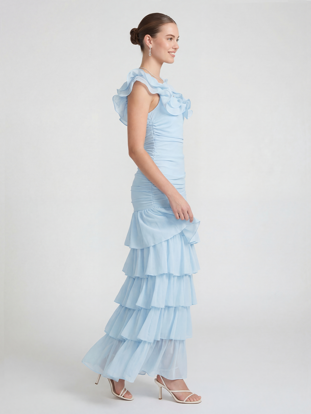Chiffon pleated ruffle maxi dress