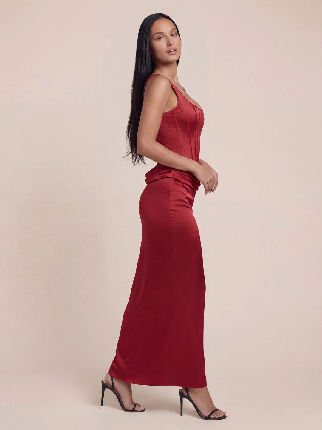 Corset Bodice Gathered Waist Satin Maxi Dress