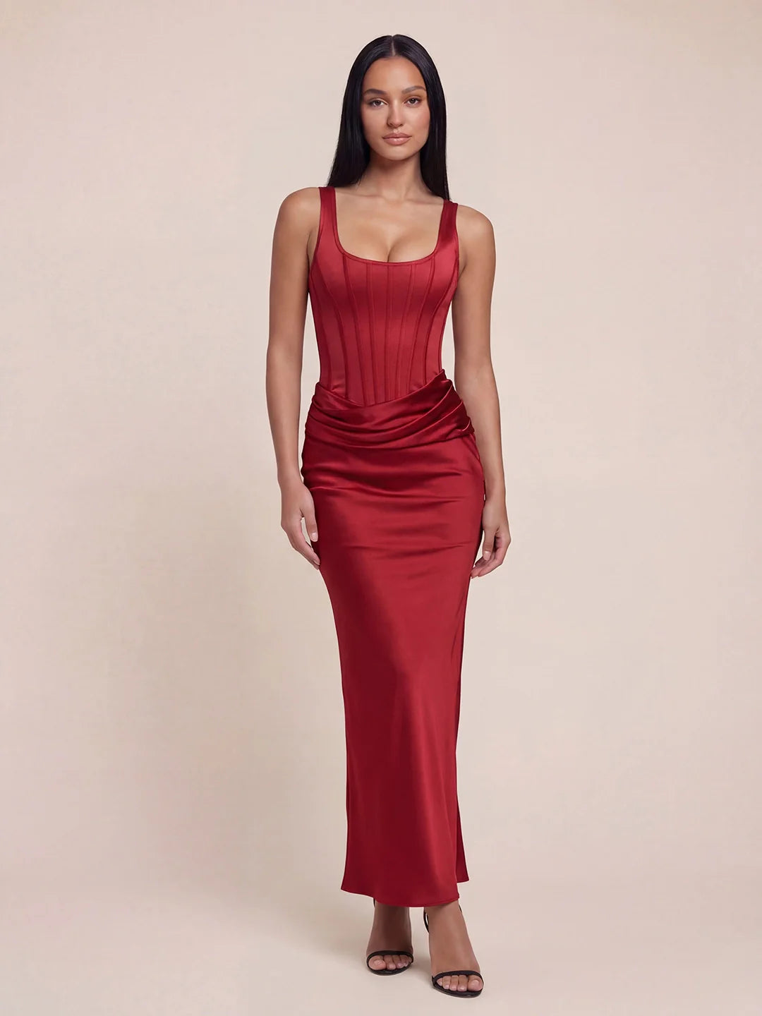 Corset Bodice Gathered Waist Satin Maxi Dress