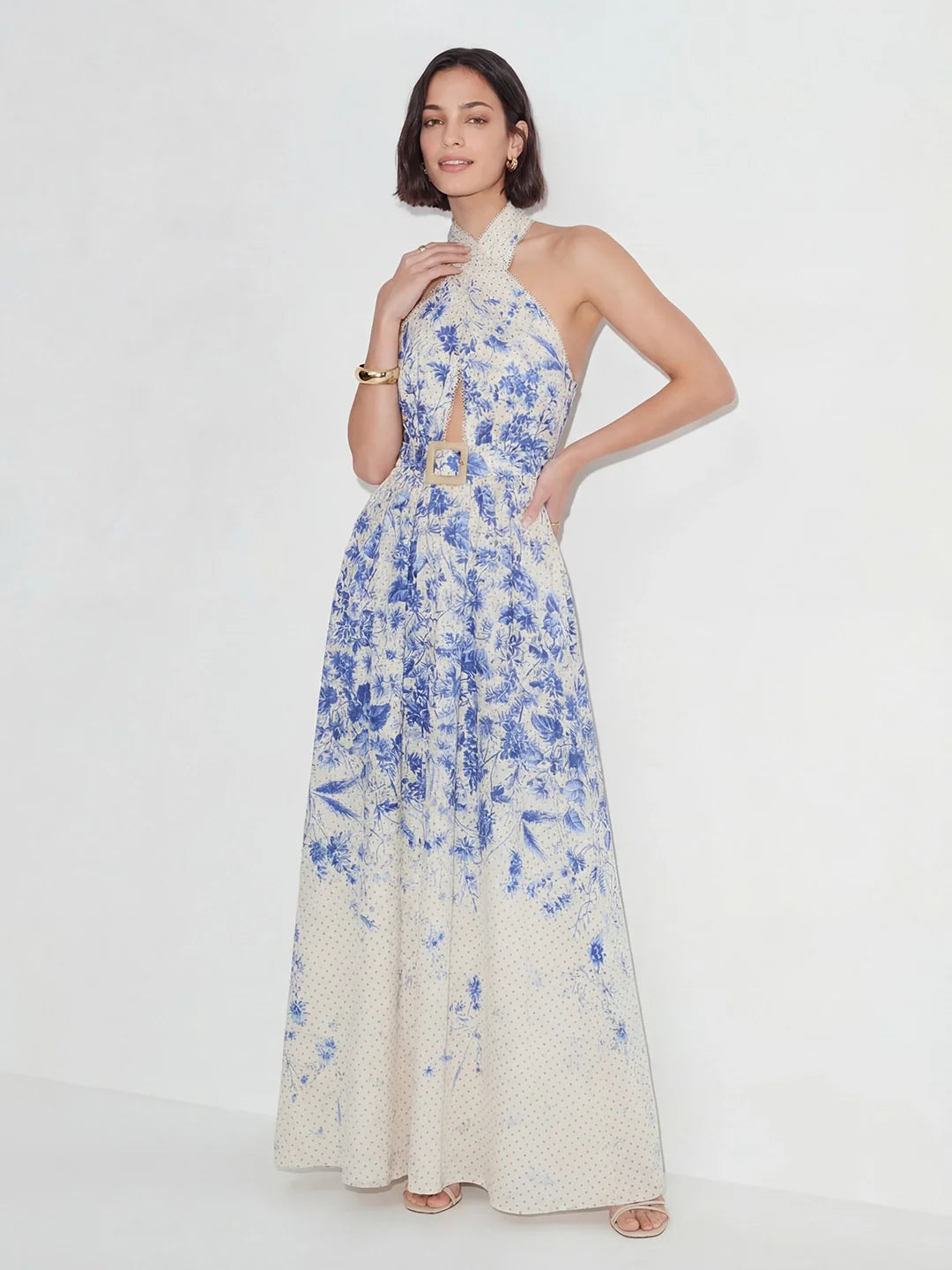 Cotton Floral-Print Belted Maxi Dress
