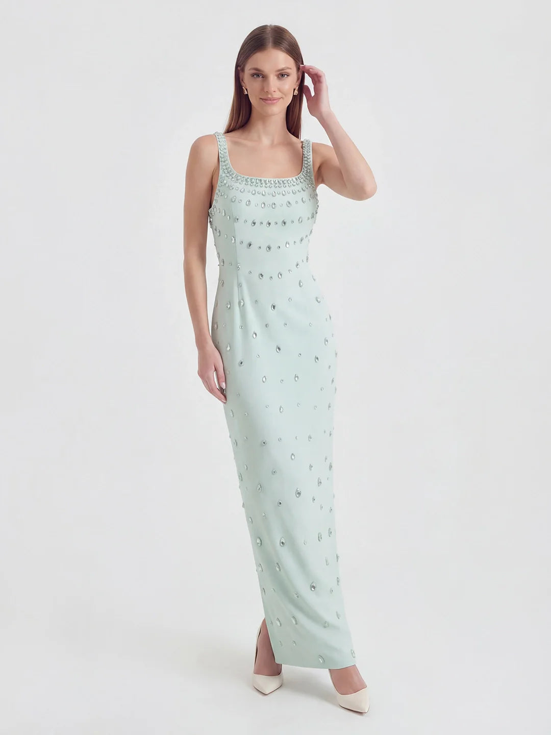 Crystal-Ombré Scoop-Neck Column Gown