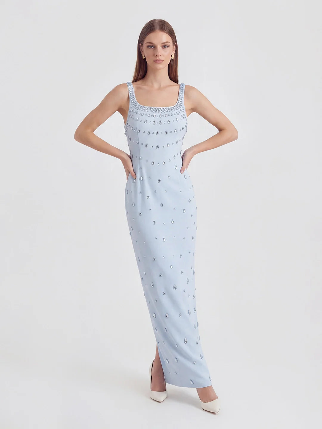 Crystal-Ombré Scoop-Neck Column Gown