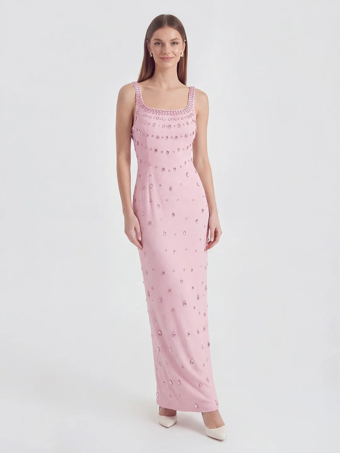 Crystal-Ombré Scoop-Neck Column Gown