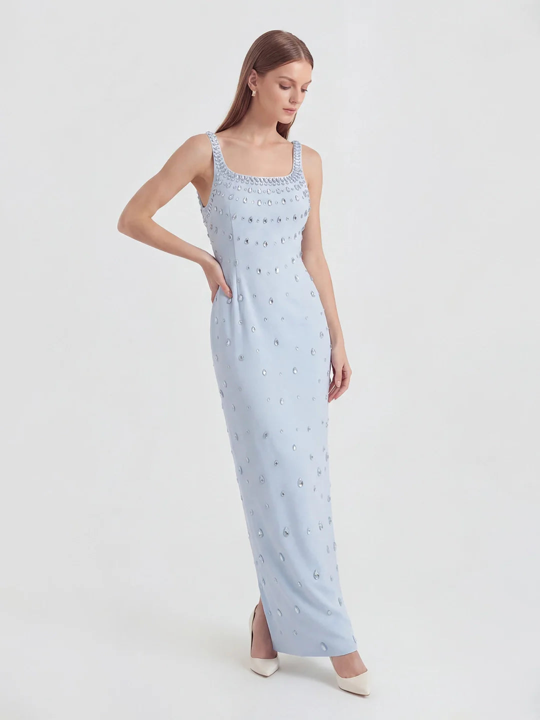 Crystal-Ombré Scoop-Neck Column Gown