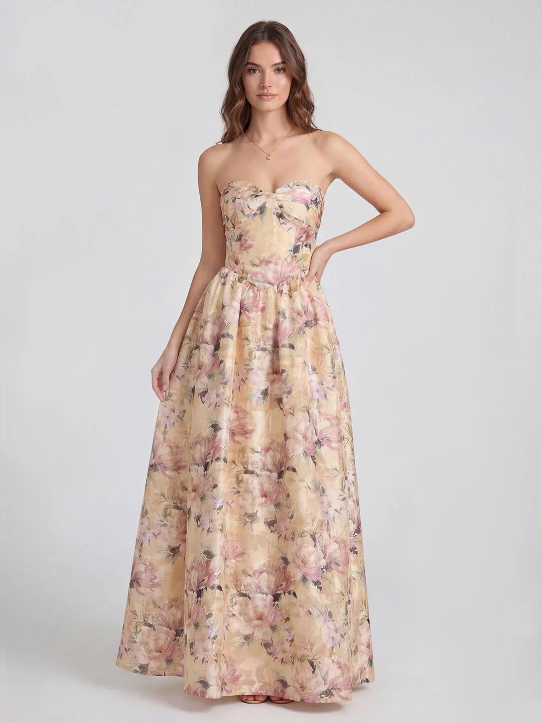 Elegant Floral Jacquard Bustier Maxi Dress