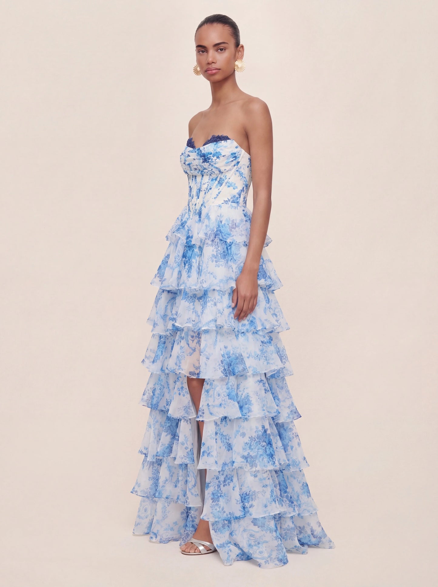 Floral A-line Printed Prom Dress with Tiered Ruffles
