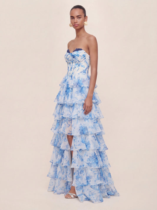Floral A-line Printed Prom Dress with Tiered Ruffles