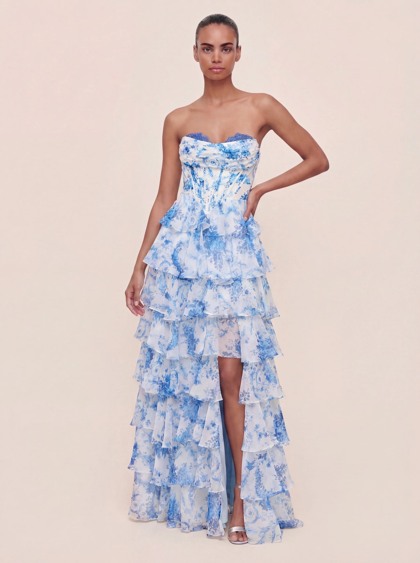Floral A-line Printed Prom Dress with Tiered Ruffles