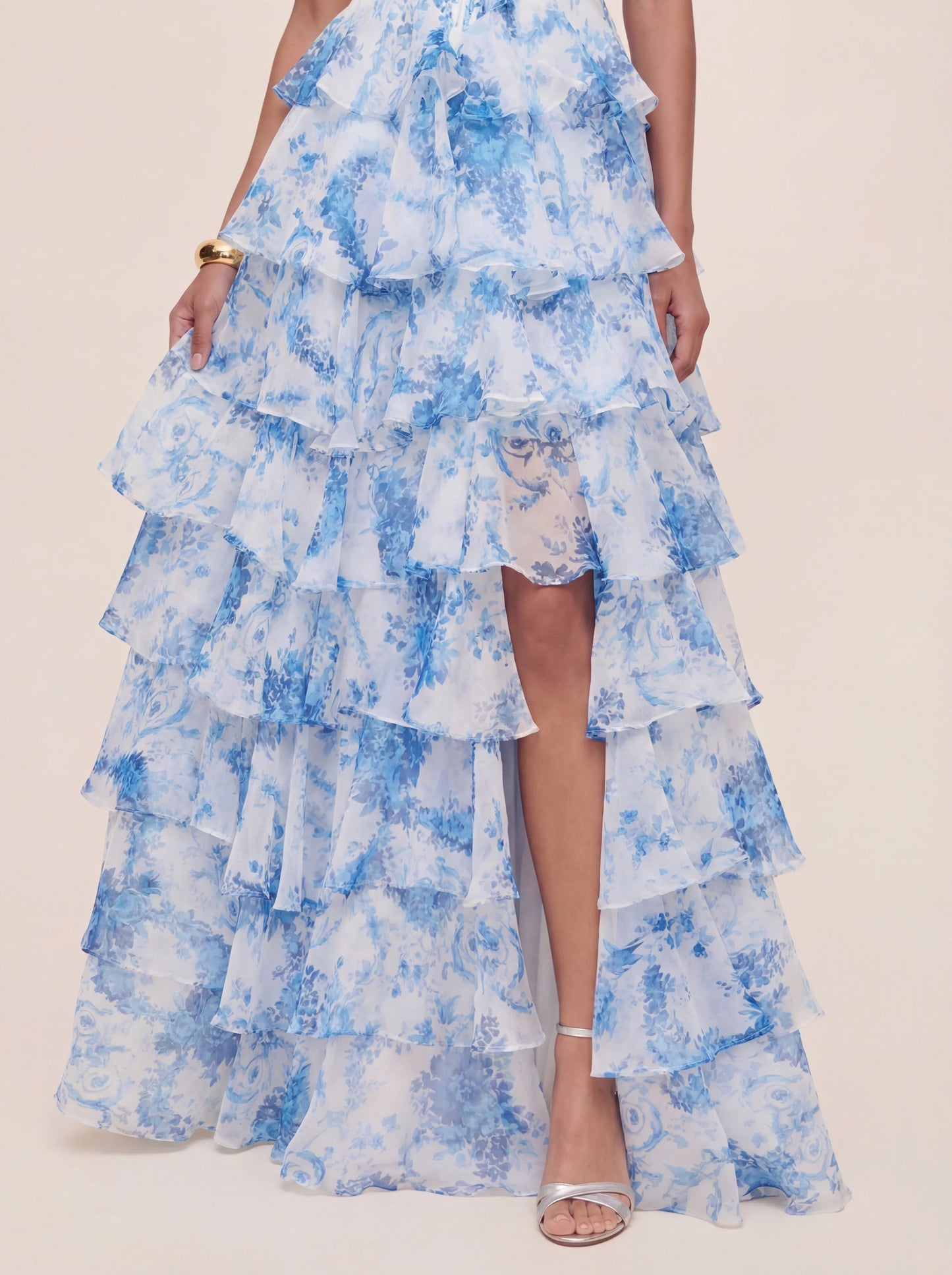 Floral A-line Printed Prom Dress with Tiered Ruffles