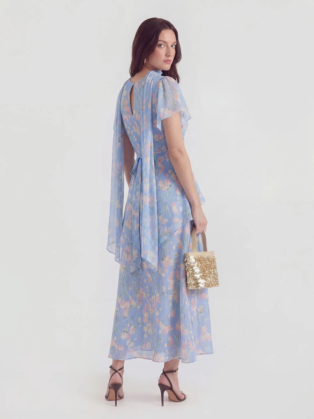 Floral Pearl Chiffon V-Neck Maxi Dress