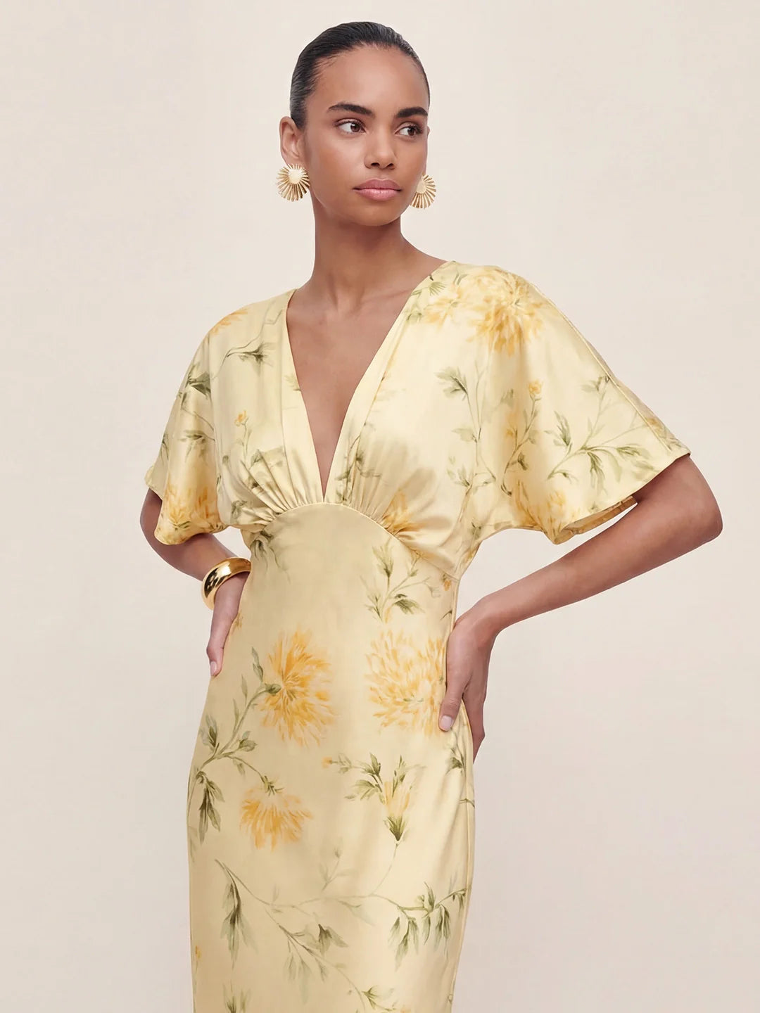 Floral Print Satin Plunge-Neck Maxi Dress