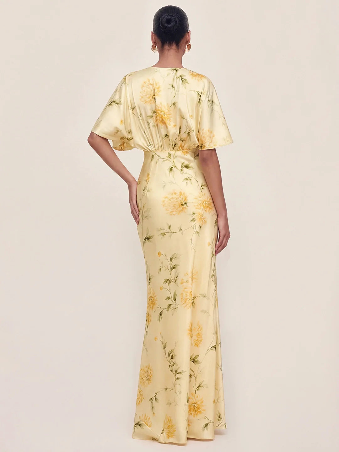 Floral Print Satin Plunge-Neck Maxi Dress
