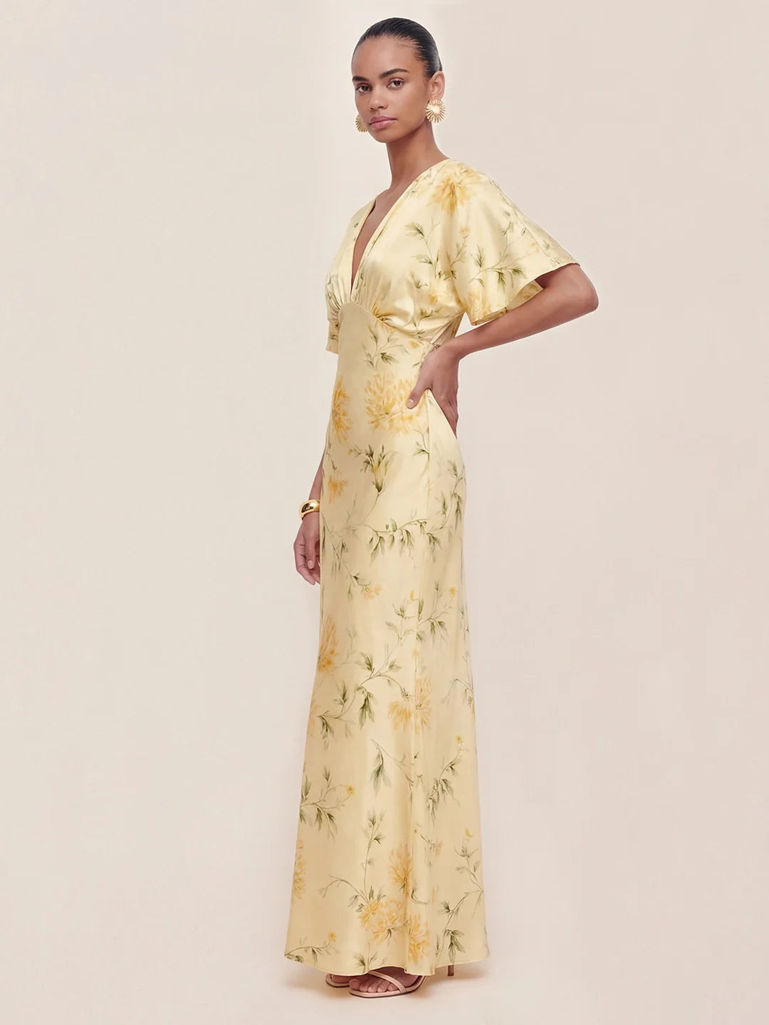 Floral Print Satin Plunge-Neck Maxi Dress