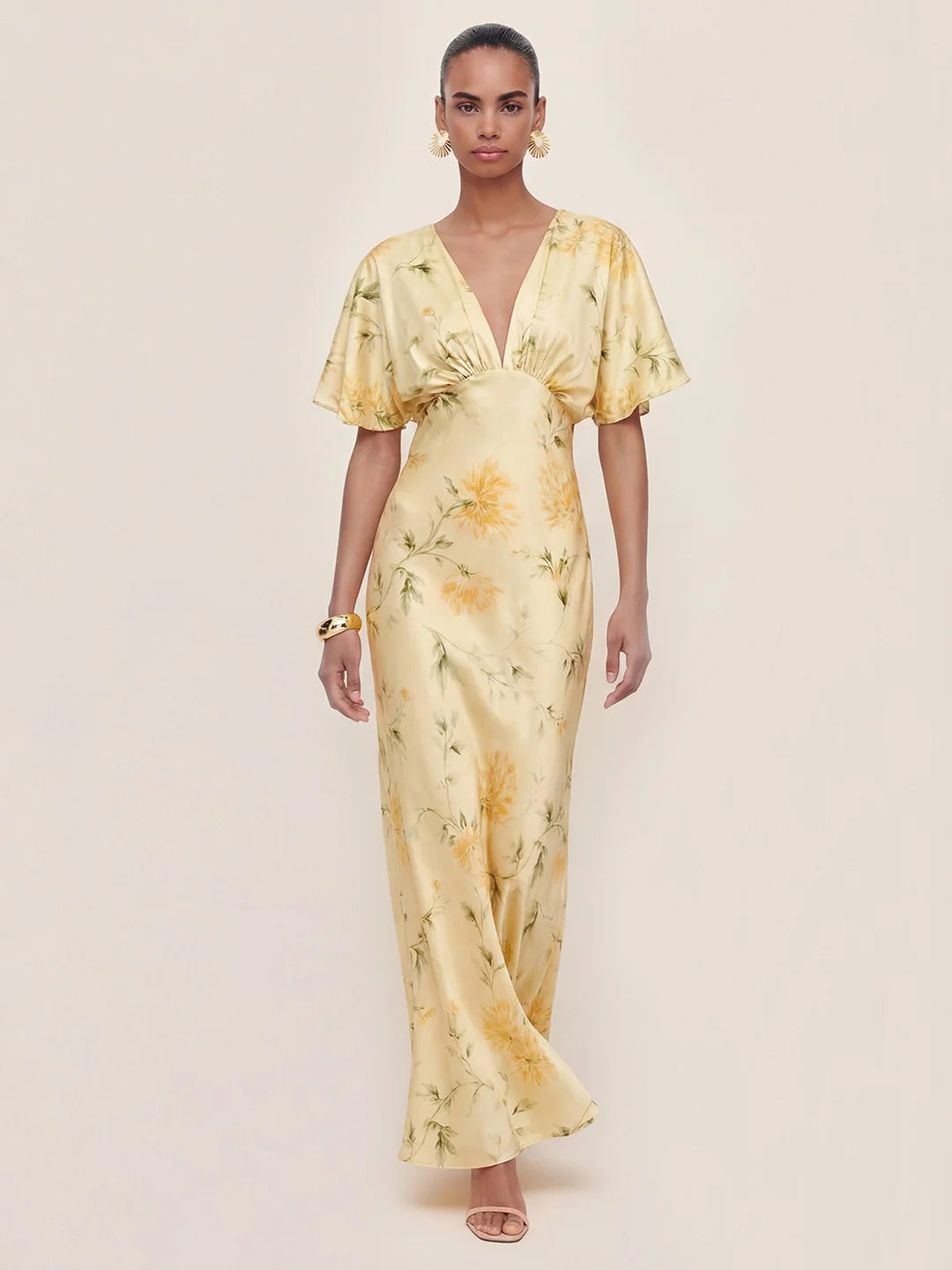Floral Print Satin Plunge-Neck Maxi Dress