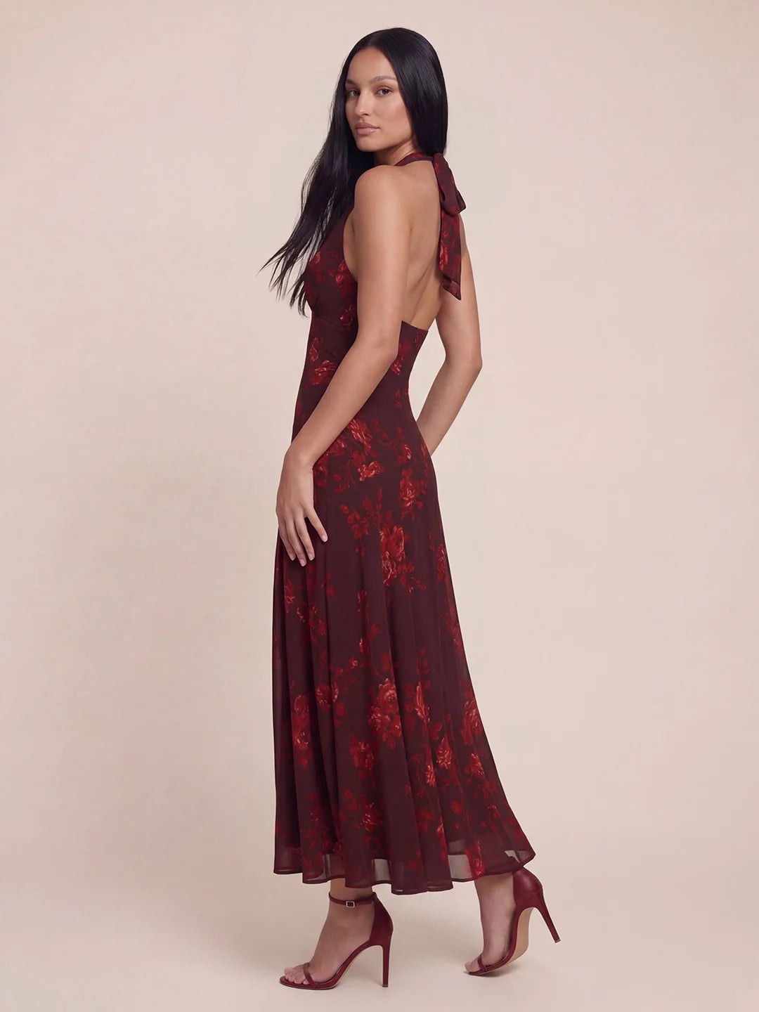 Halter V-neck Drop Waist Georgette Midi Dress