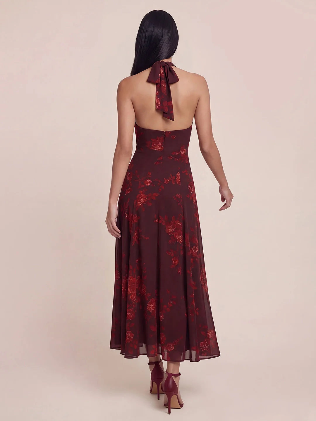 Halter V-neck Drop Waist Georgette Midi Dress