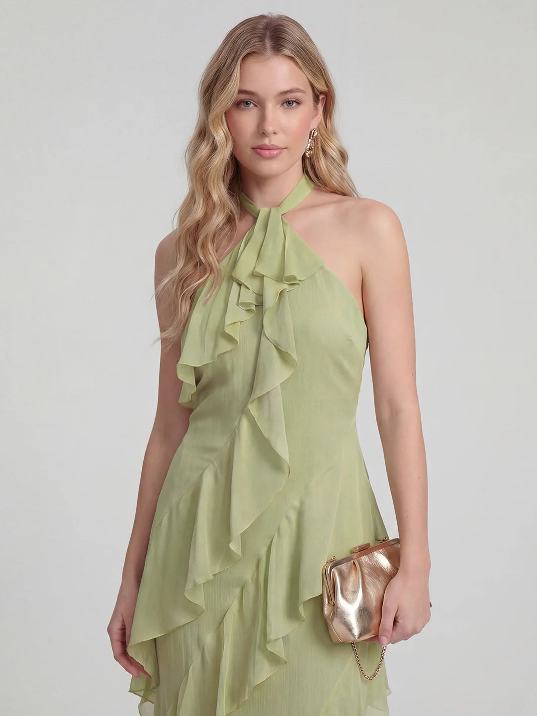 Halterneck Flowy Tiered Ruffle Maxi Dress