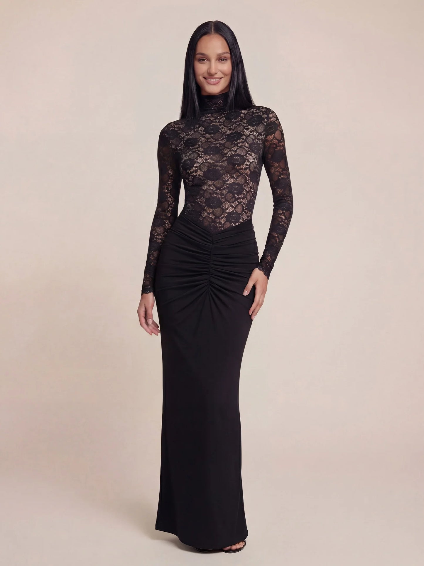 High-Neck Floral Lace Bodice Ruched Maxi Dress