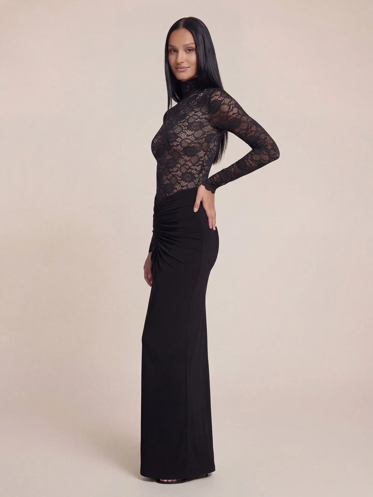 High-Neck Floral Lace Bodice Ruched Maxi Dress