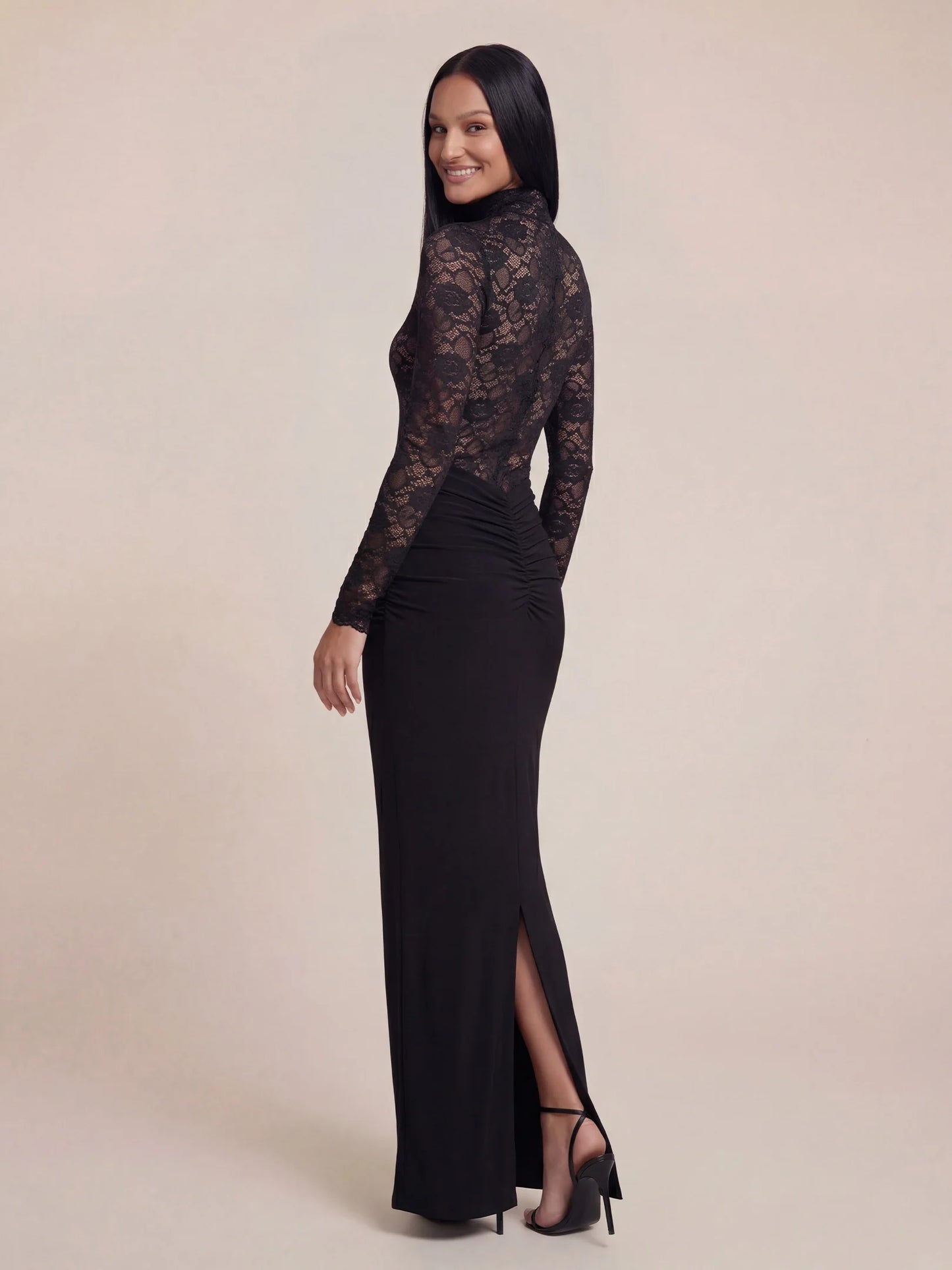 High-Neck Floral Lace Bodice Ruched Maxi Dress