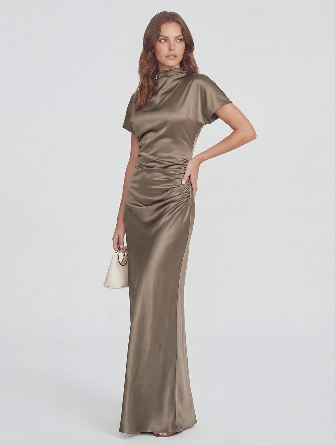 High Boat Neck Stain Maxi Dress With Ruched Detailing