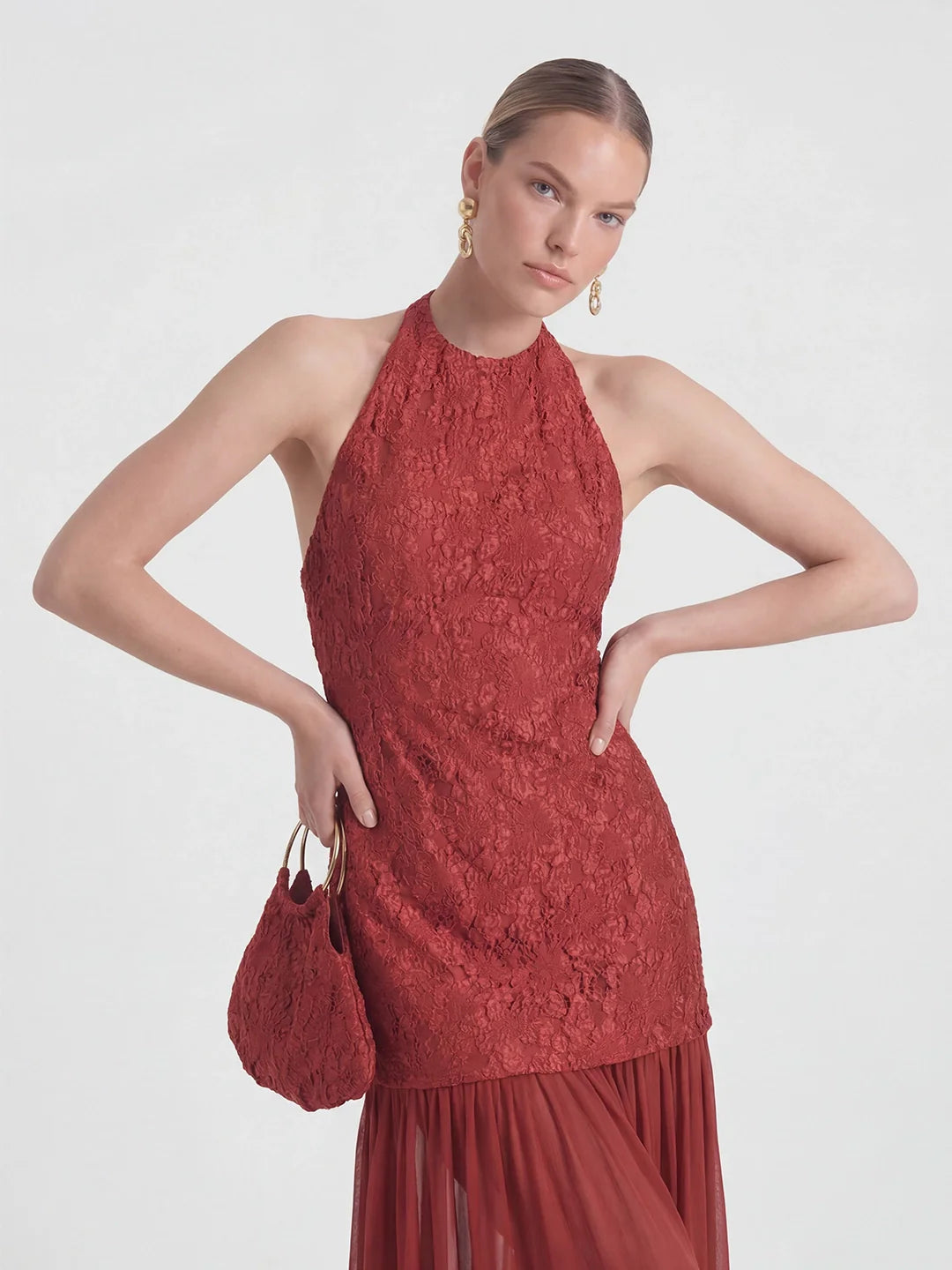 Jacquard & Pleated-Chiffon Mixed-Media Halter Gown
