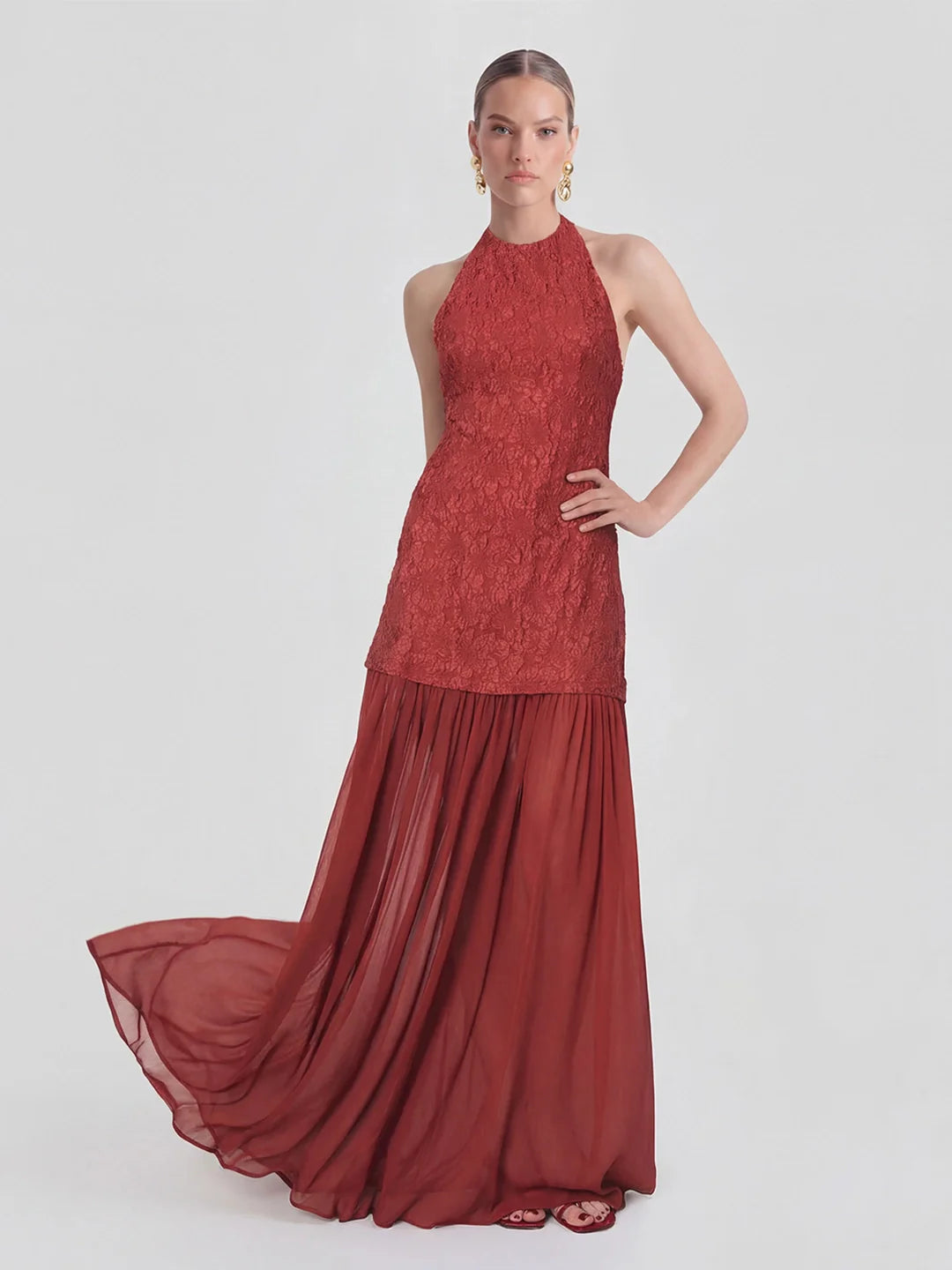 Jacquard & Pleated-Chiffon Mixed-Media Halter Gown