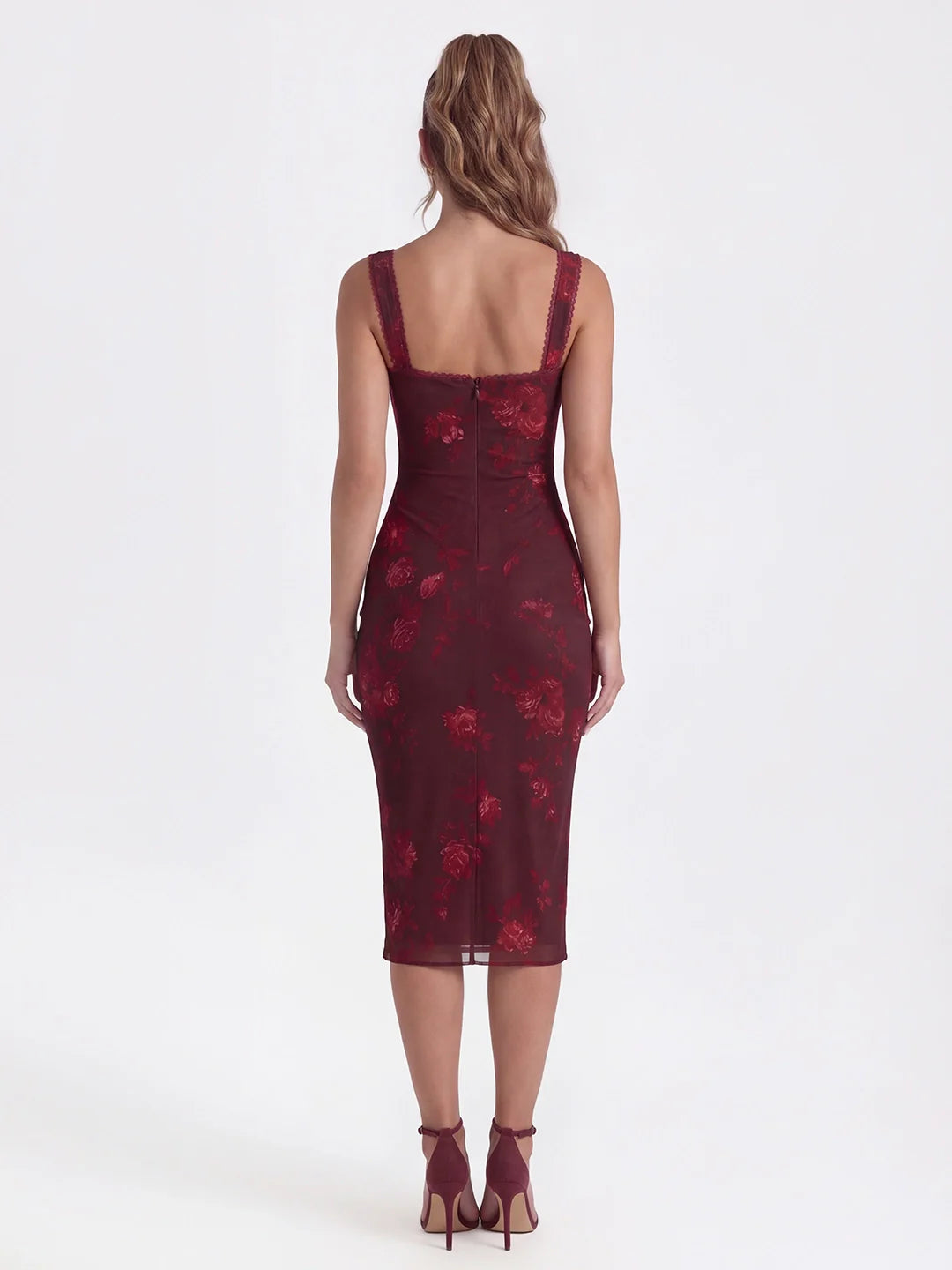 Lace-Trimmed Backless Dress with Floral Print