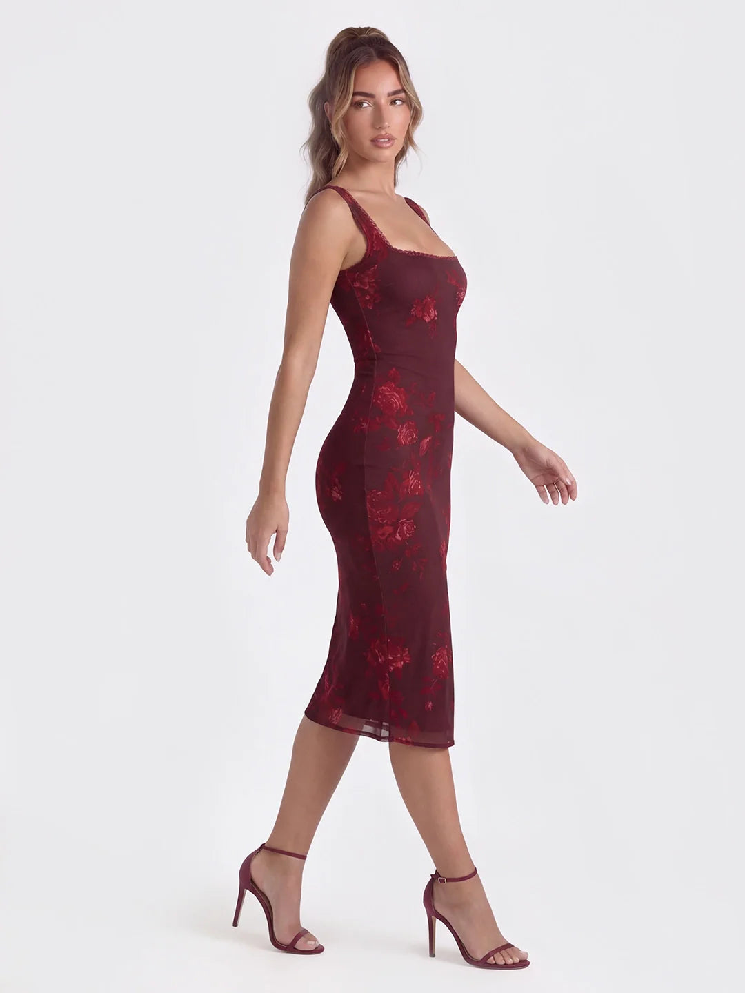 Lace-Trimmed Backless Dress with Floral Print