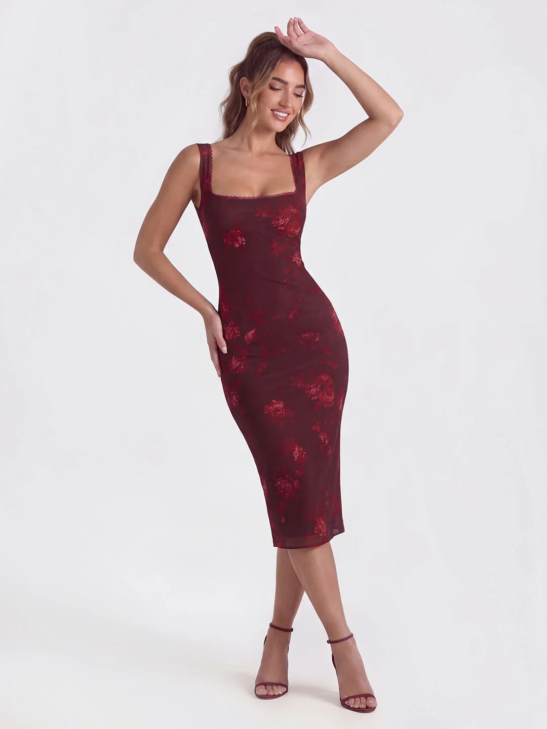 Lace-Trimmed Backless Dress with Floral Print