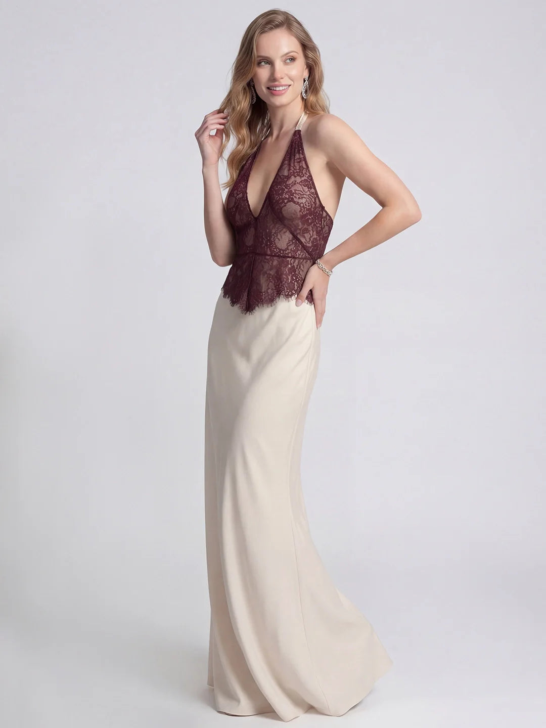 Lace Patchwork Stain Halter Maxi Dress