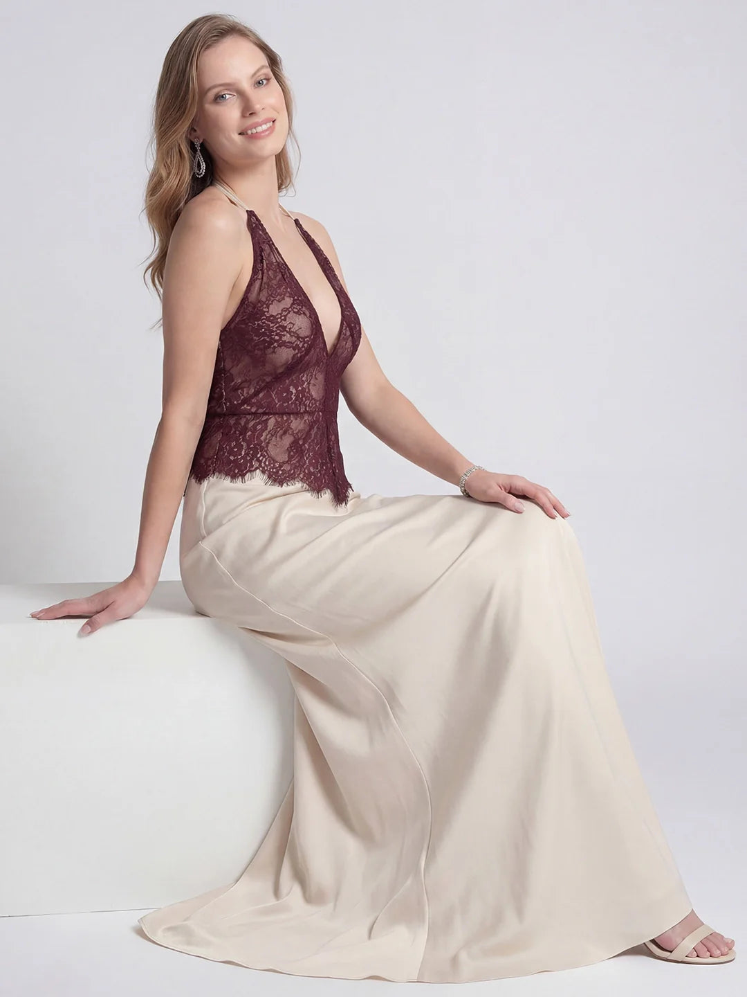 Lace Patchwork Stain Halter Maxi Dress