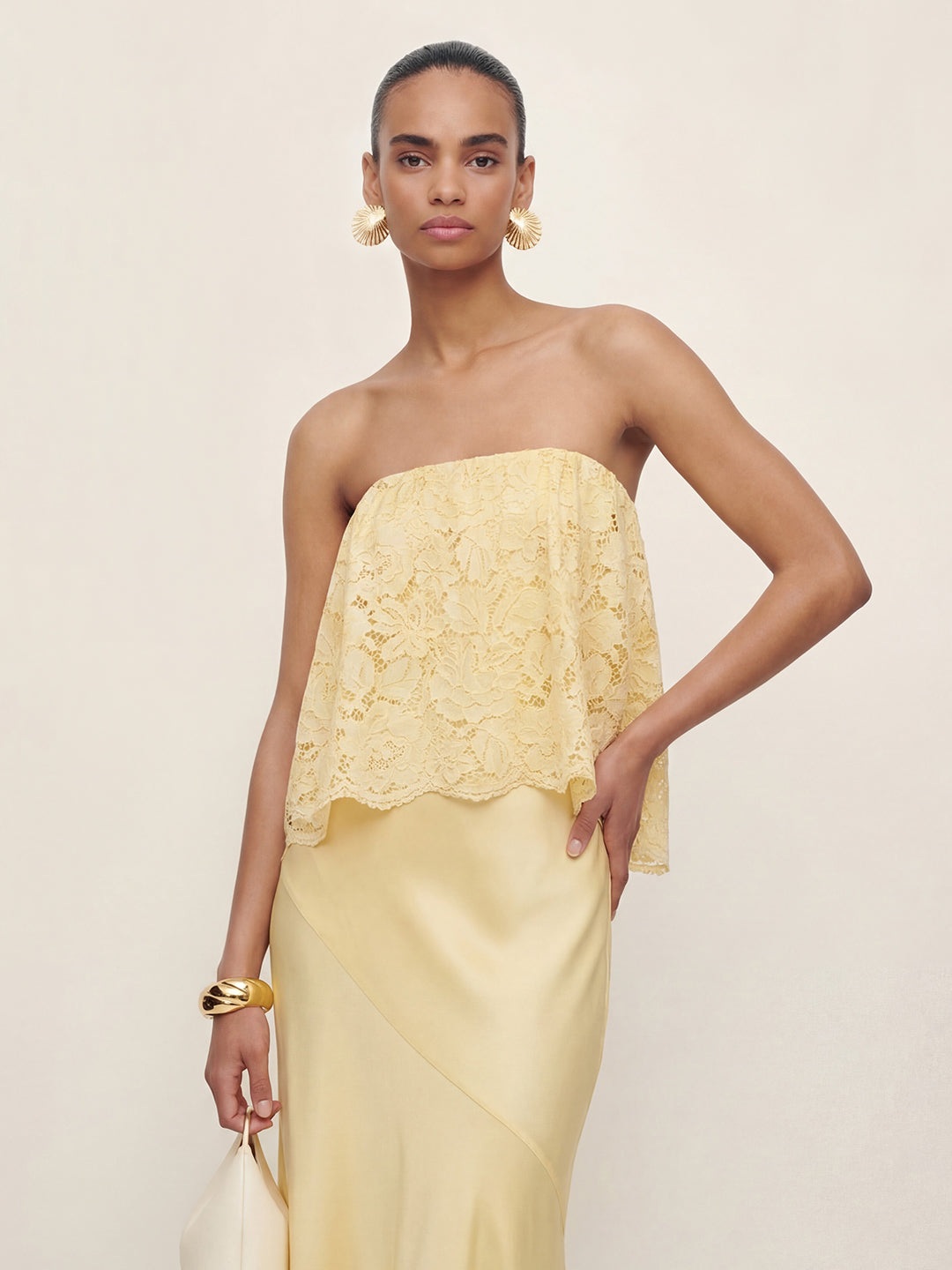 Lace Patchwork Satin Bandeau Maxi Dress